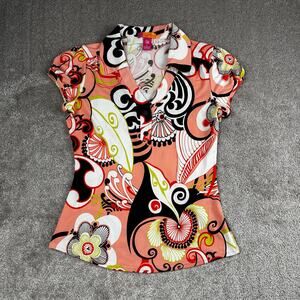 Bold Paisley Floral Print Top Size L Coral Black White V Neck Catch My I  Groovy